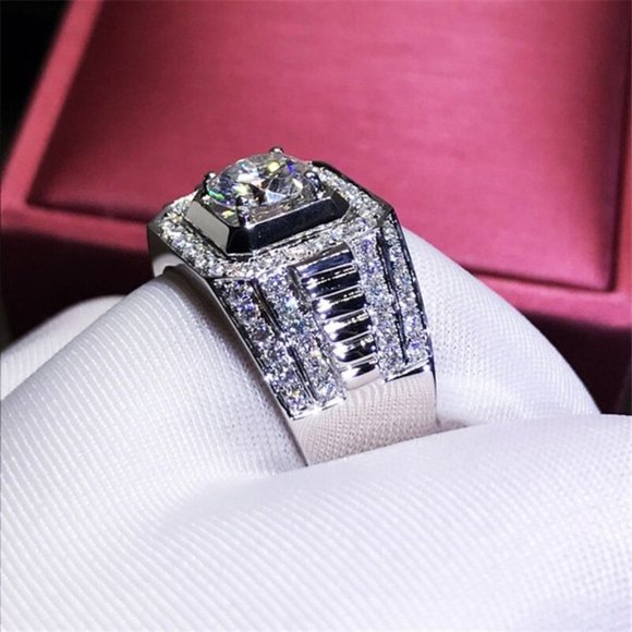 NEW Men Silver Square Diamond Wide Band Ring * - Picture 4 of 11